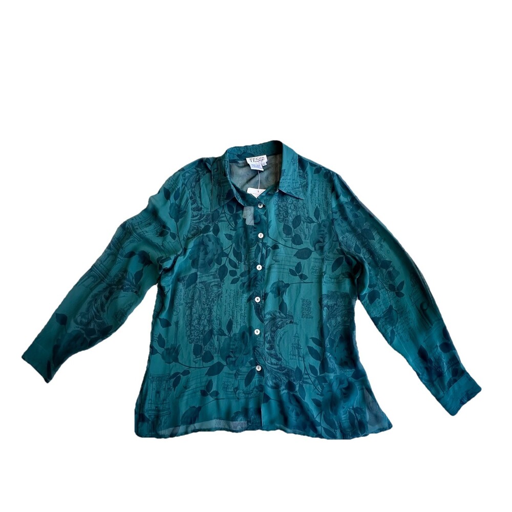 Vtg TESS Emerald Floral romantic Silk Collared Button-Up Blouse XL Long Sleeve